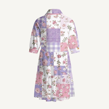 V Neck Collared Sweet Cottage Patchwork Print Mini Dress For Women With Pockets
