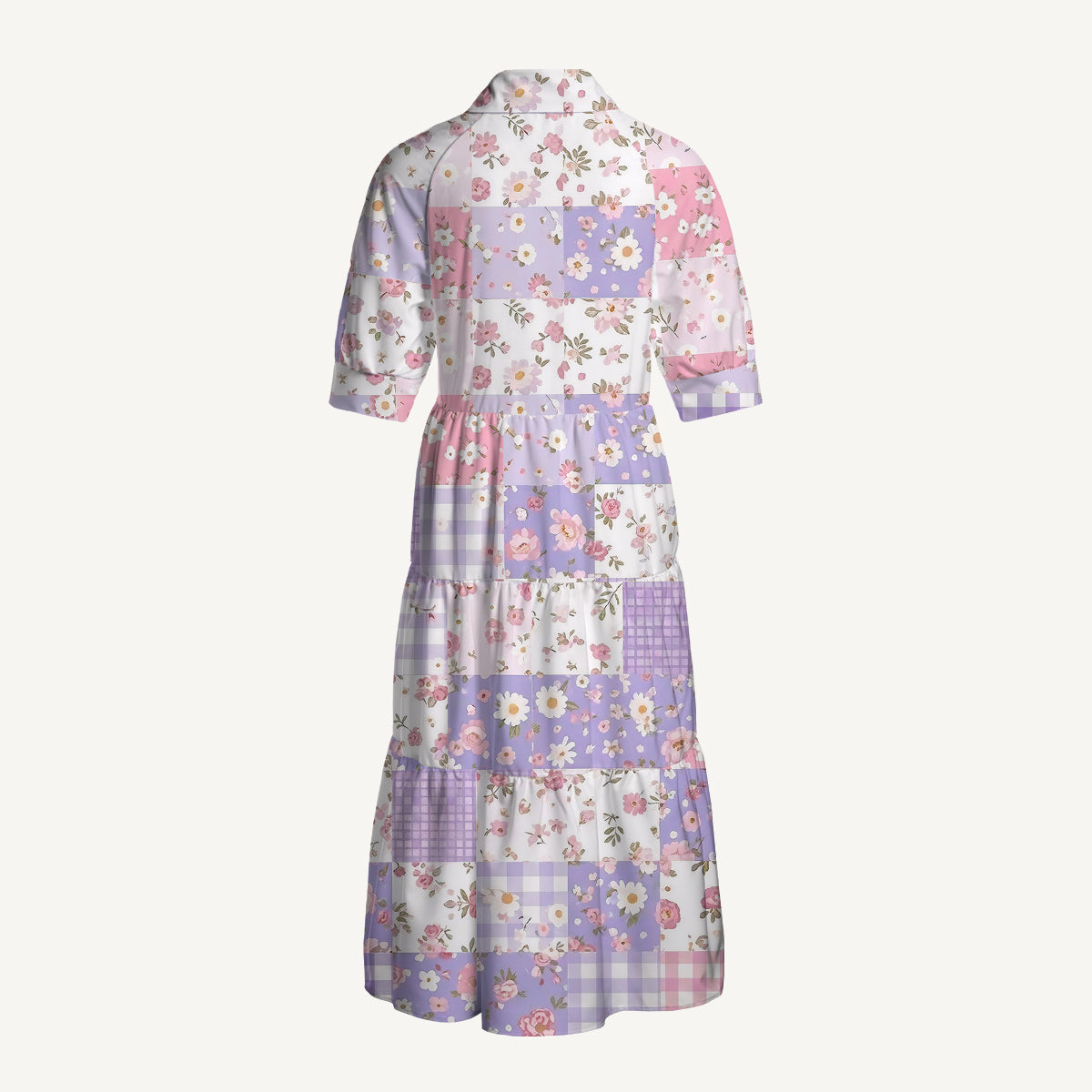 V Neck Collared Sweet Cottage Patchwork Print Casual Midi Dress With Pockets