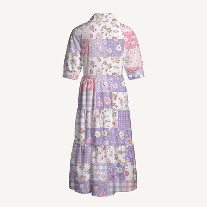 V Neck Collared Sweet Cottage Patchwork Print Casual Midi Dress With Pockets