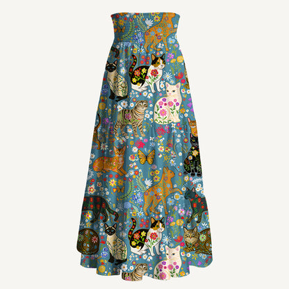 Colorful Garden Cat Print Convertible Maxi Skirt & Strapless Dress
