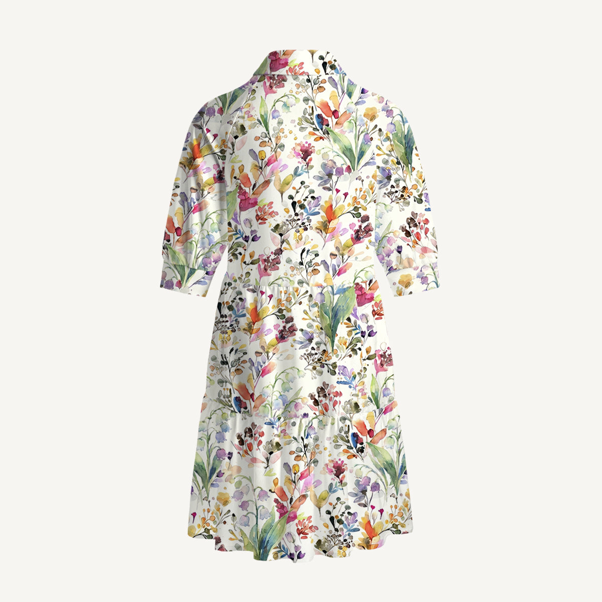 V Neck Collared Watercolor Wildflower Garden Print Mini Dress For Women With Pockets