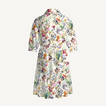 V Neck Collared Watercolor Wildflower Garden Print Mini Dress For Women With Pockets