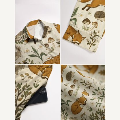 V Neck Collared Woodland Creatures Print Mini Dress For Women With Pockets