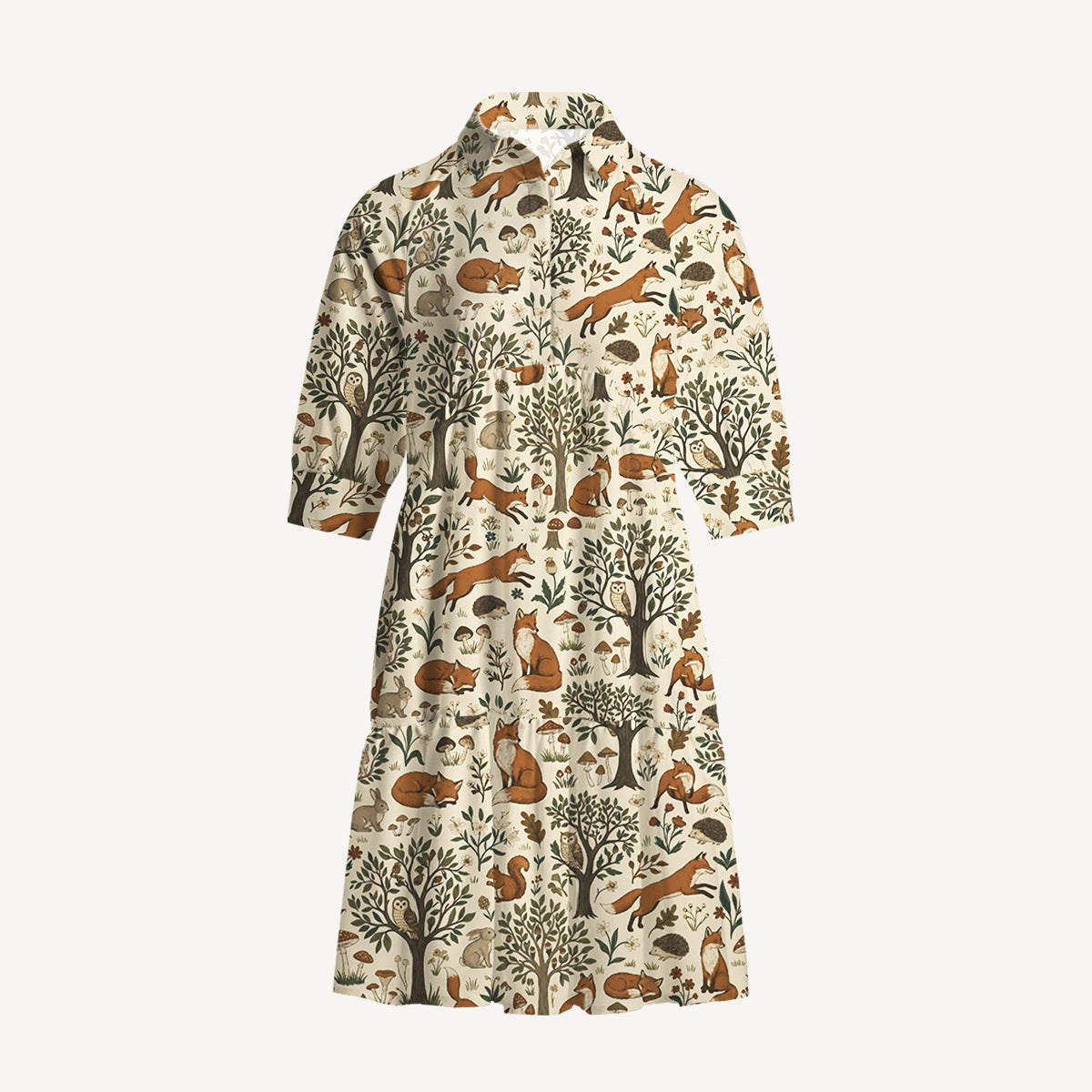 V Neck Collared Woodland Creatures Print Mini Dress For Women With Pockets