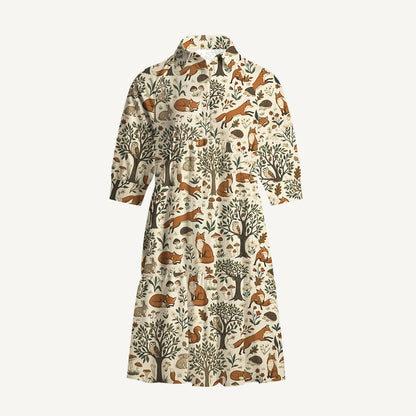 V Neck Collared Woodland Creatures Print Mini Dress For Women With Pockets