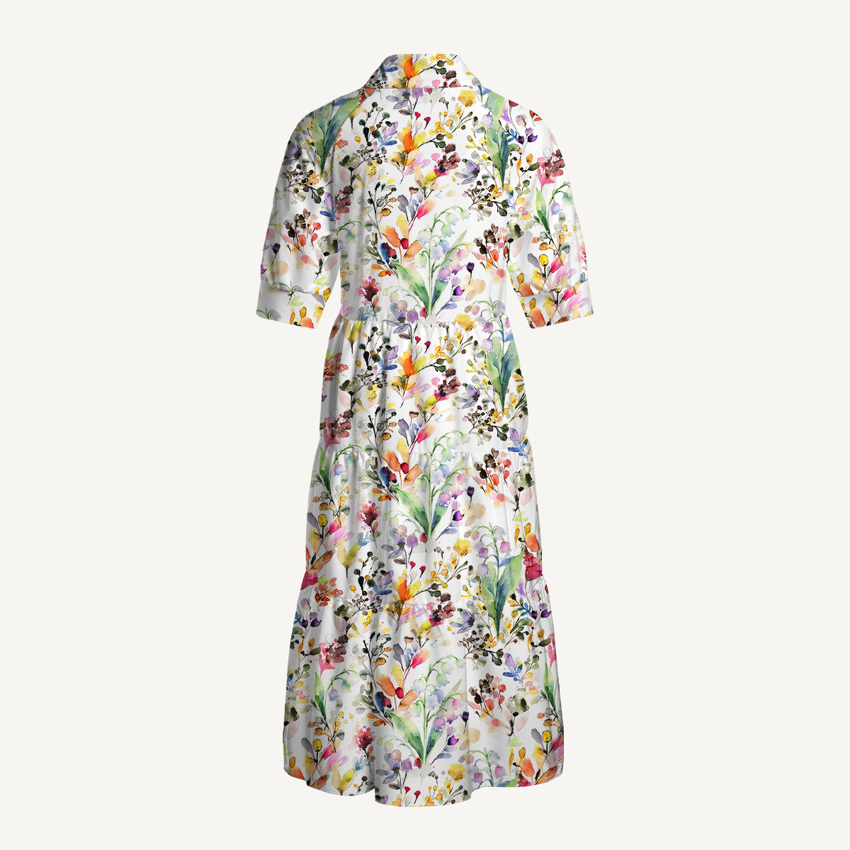 V Neck Collared Watercolor Wildflower Garden Print Casual Midi Dress With Pockets