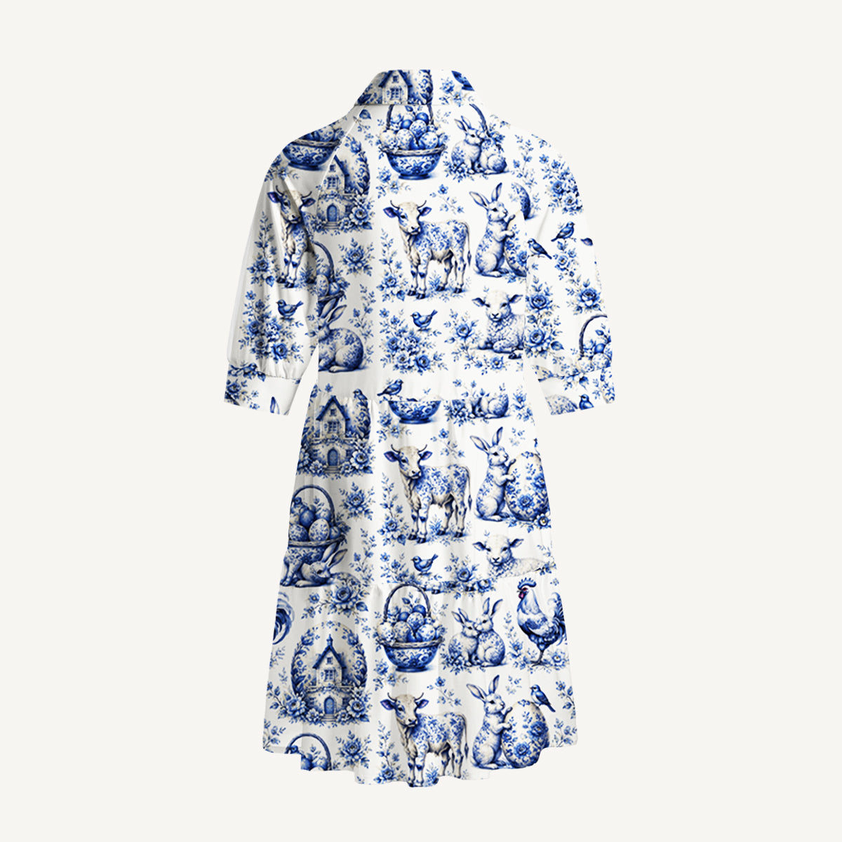 V Neck Collared  Delft Farm Print Mini Dress For Women With Pockets