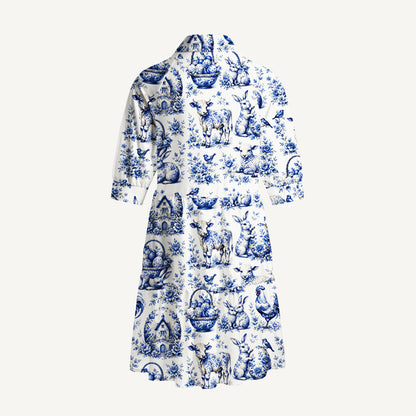 V Neck Collared  Delft Farm Print Mini Dress For Women With Pockets