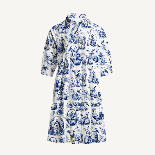 V Neck Collared  Delft Farm Print Mini Dress For Women With Pockets