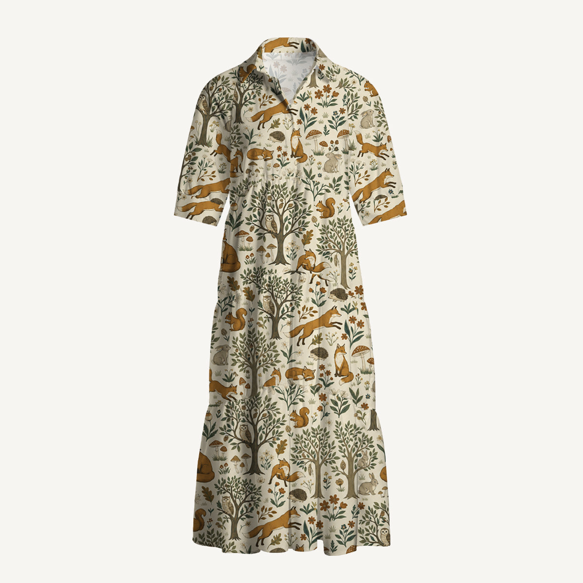 V Neck Collared Woodland Creatures Print Casual Midi Dress With Pockets