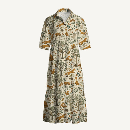 V Neck Collared Woodland Creatures Print Casual Midi Dress With Pockets