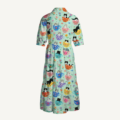 V Neck Collared Cute Teacup Kitten Print Casual Midi Dress With Pockets