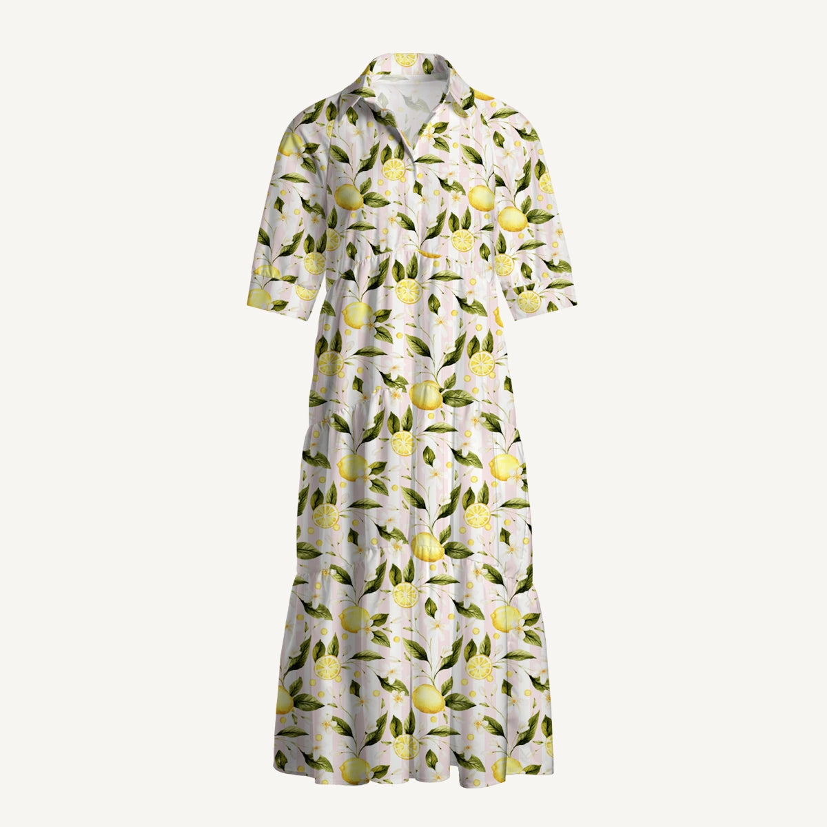 V Neck Collared Lemon Grove Sunshine Print Casual Midi Dress With Pockets