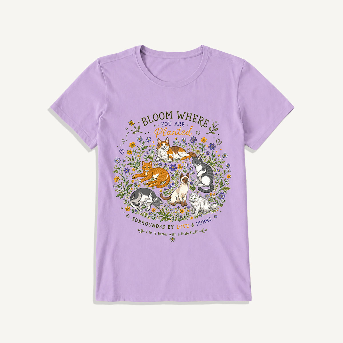 Blooming Cats & Wildflowers Print Crew Neck Cotton Tee