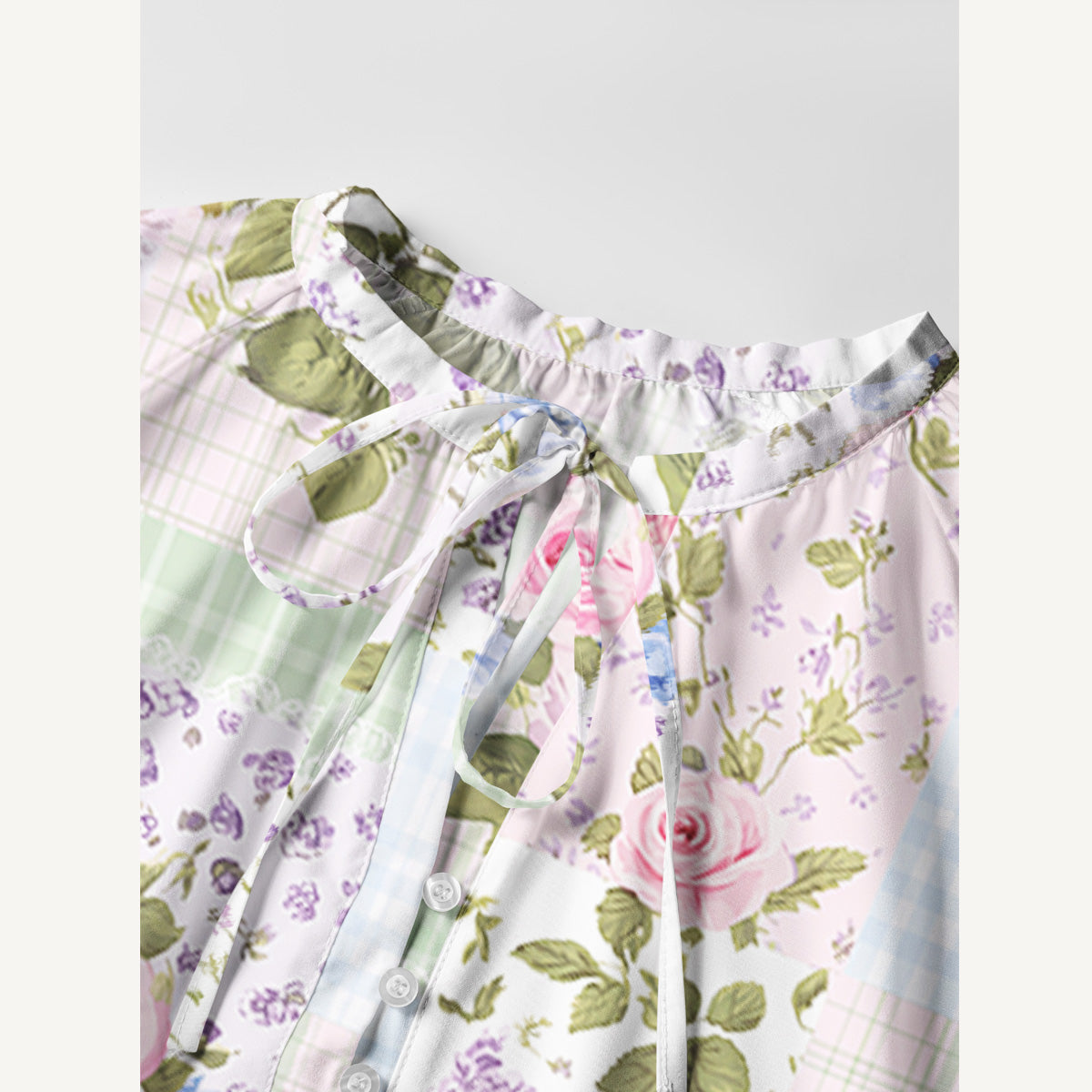 Pastel Rose Print Boho Long Sleeve Tie‑Neck Smock Mini Dress