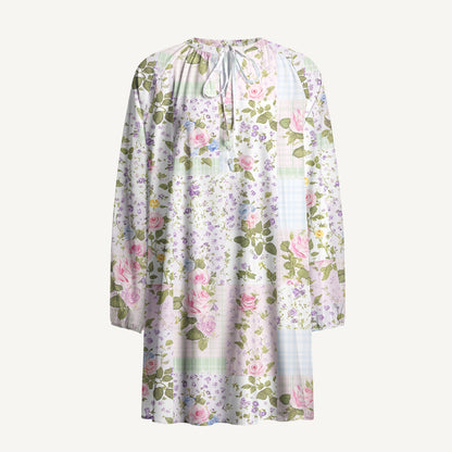 Pastel Rose Print Boho Long Sleeve Tie‑Neck Smock Mini Dress
