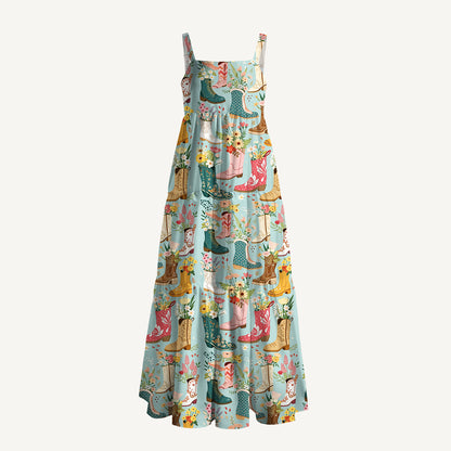 Boots Flower Print Wide Straps Maxi Dress With Pockets