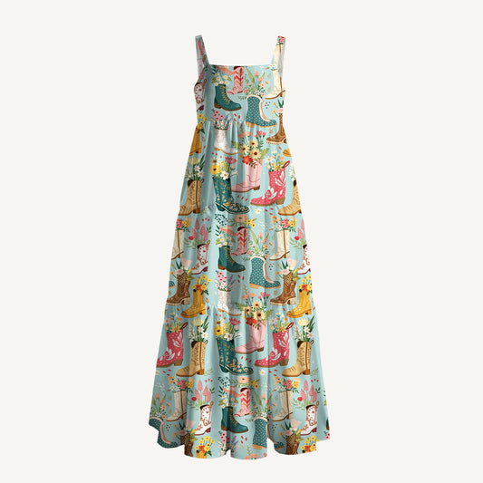 Boots Flower Print Wide Straps Maxi Dress With Pockets