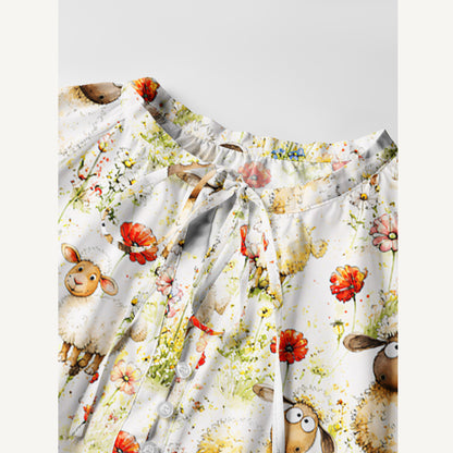 Whimsical Sheep Clipart Print Boho Long Sleeve Tie‑Neck Smock Mini Dress