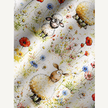 Whimsical Sheep Clipart Print Boho Long Sleeve Tie‑Neck Smock Mini Dress