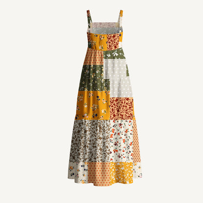 Rustic Floral Patchwork Print Cotton Wide Straps Maxi Dress With Pockets