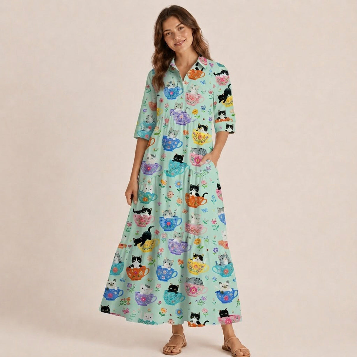 V Neck Collared Cute Teacup Kitten Print Casual Midi Dress With Pockets