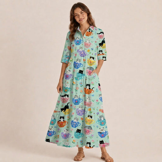 V Neck Collared Cute Teacup Kitten Print Casual Midi Dress With Pockets