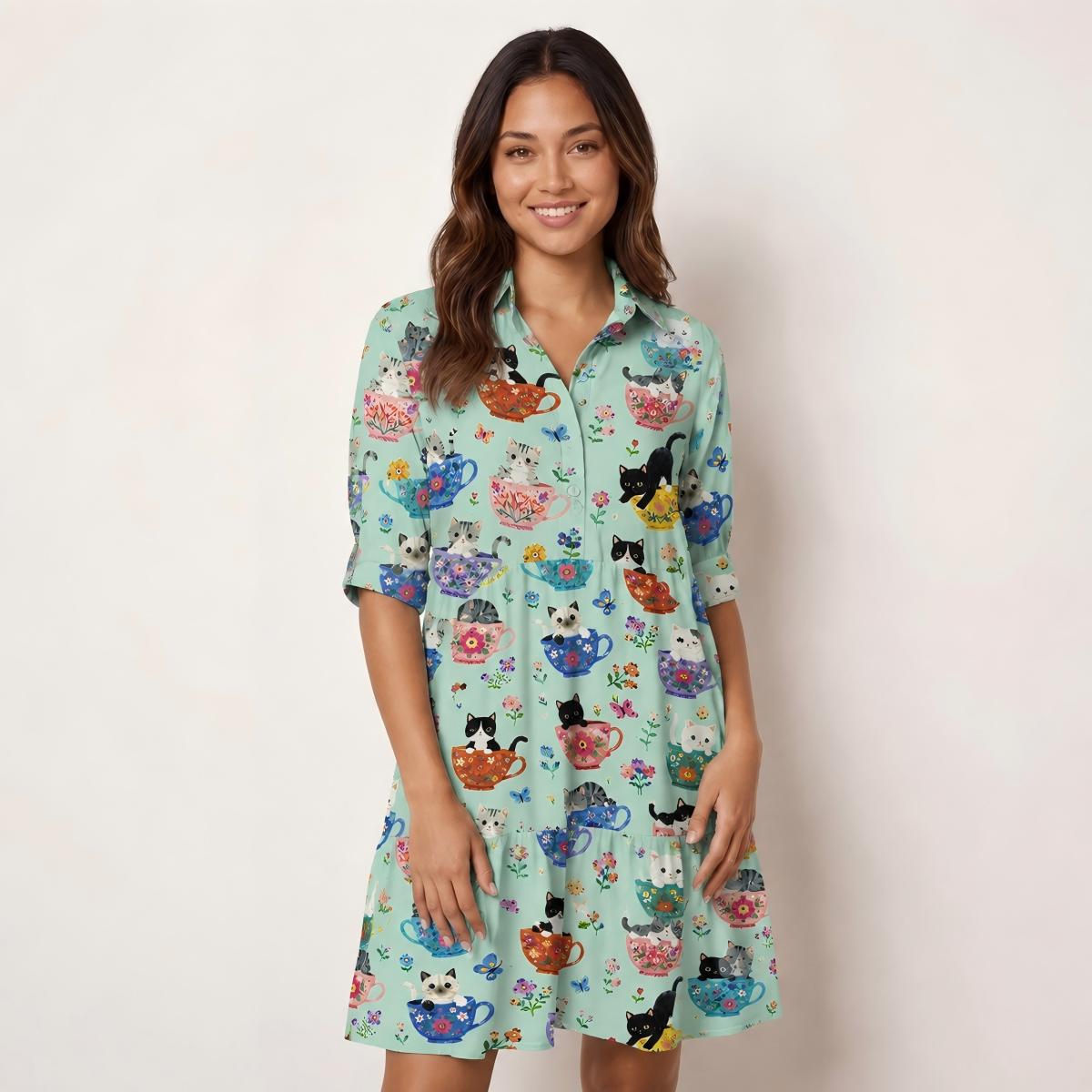 V Neck Collared Cute Teacup Kitten Print Mini Dress For Women With Pockets