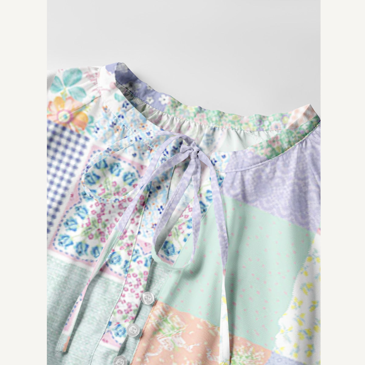 Vintage Quilt Patchwork Print Boho Tie‑Neck Smock Mini Dress