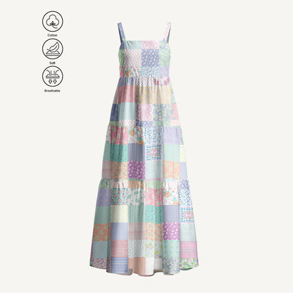 Vintage Quilt Patchwork Print Cotton Wide Straps Maxi Dress With Pockets