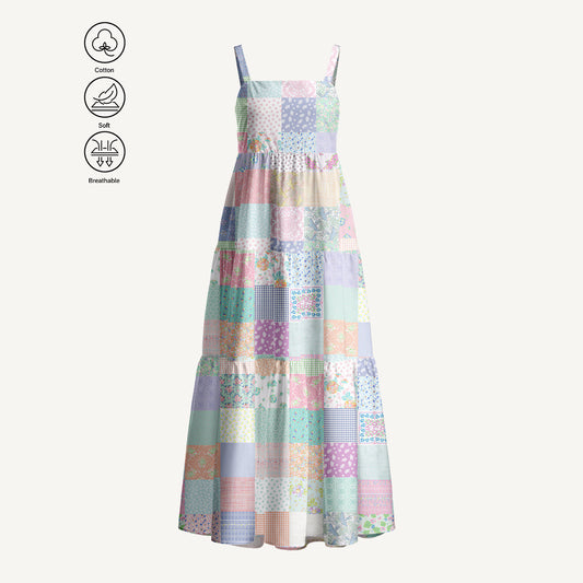 Vintage Quilt Patchwork Print Cotton Wide Straps Maxi Dress With Pockets