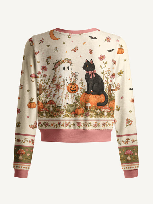 Lightweight Crew Neck Long‑Sleeve Cropped Garden Pumpkin Cat & Ghost Print Fine‑Knit Cardigan