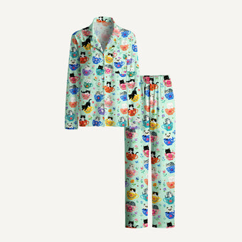 Cute Teacup Kitten Print Long Pajama Set