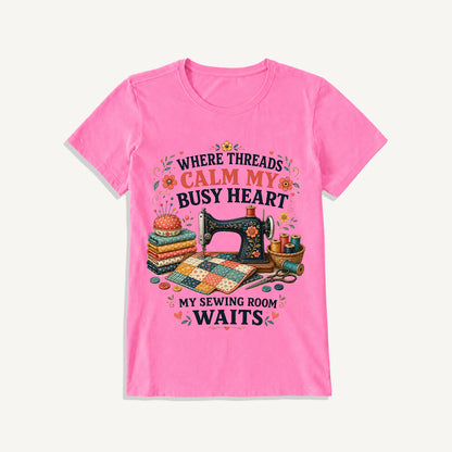 Calm Heart Sewing Room Print Crew Neck Cotton Tee