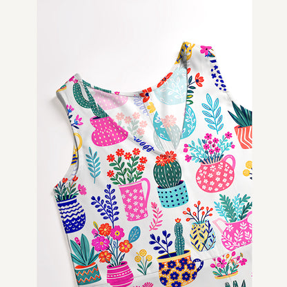 Cactus and Flowers Print Boho Jumpsuit with Pockets for Women