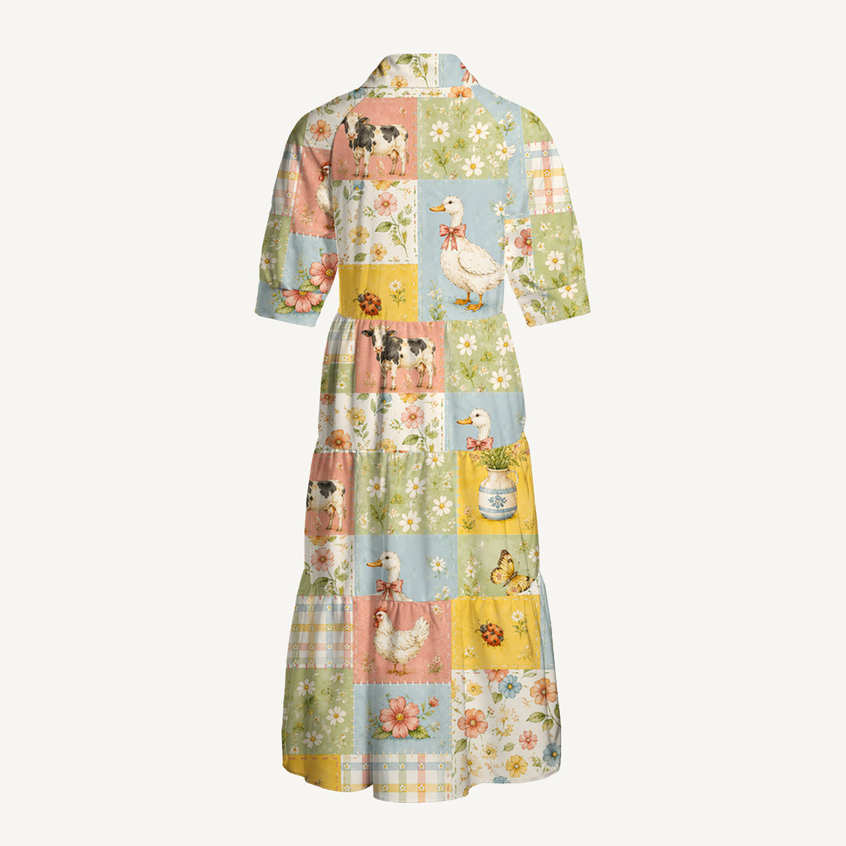 V Neck Collared Vintage Farm Patchwork Print Casual Midi Dress With Pockets