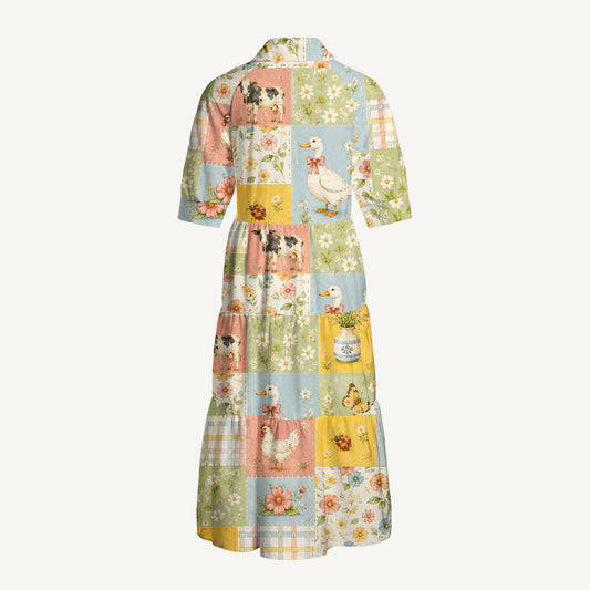 V Neck Collared Vintage Farm Patchwork Print Casual Midi Dress With Pockets