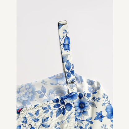 Delft Blue Hummingbird and Floral Pattern Print Wide Straps Maxi Dress With Pockets