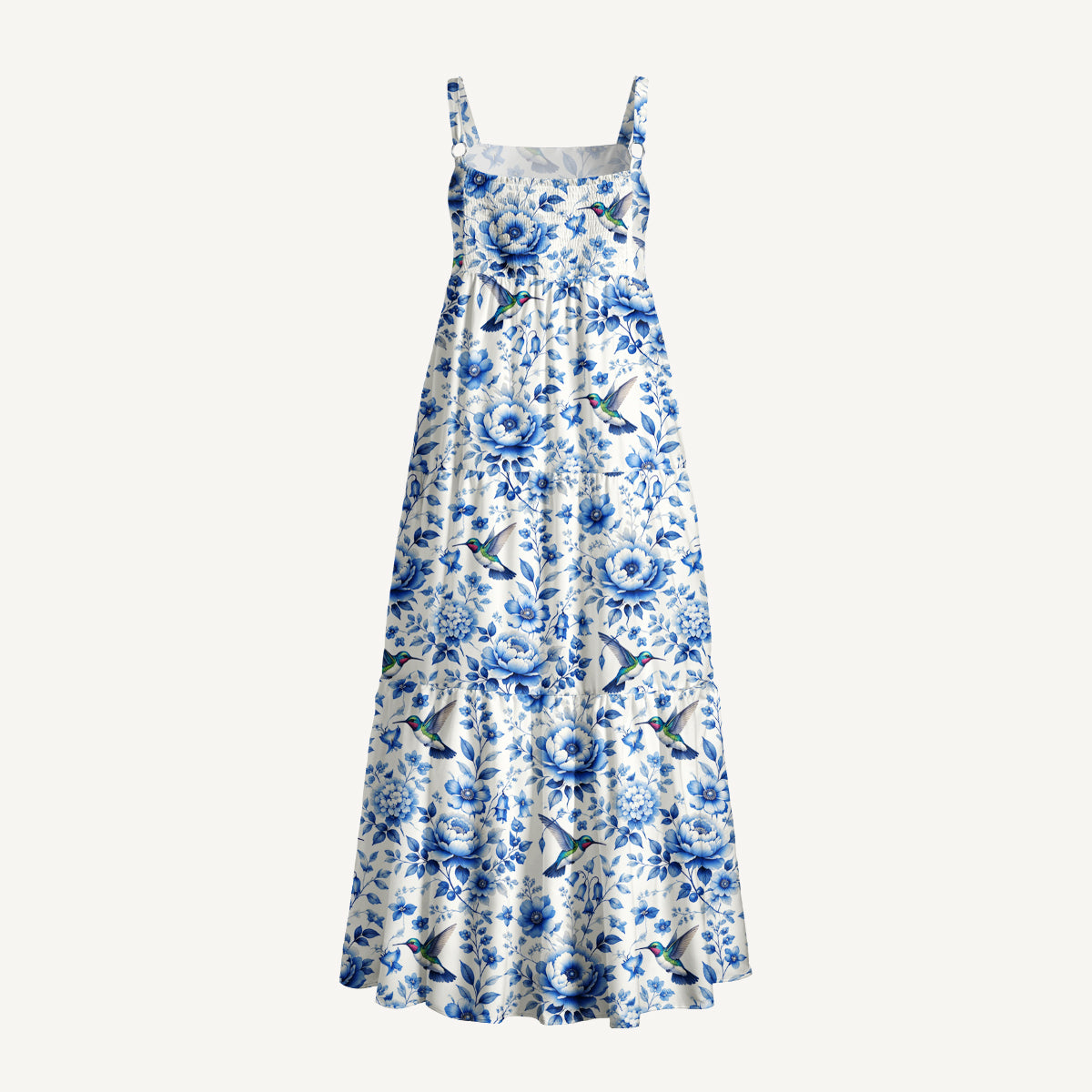 Delft Blue Hummingbird and Floral Pattern Print Wide Straps Maxi Dress With Pockets