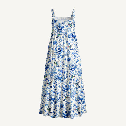Delft Blue Hummingbird and Floral Pattern Print Wide Straps Maxi Dress With Pockets