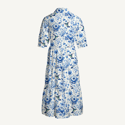 V Neck Collared Delft Blue Hummingbird and Floral Pattern Print Casual Midi Dress With Pockets