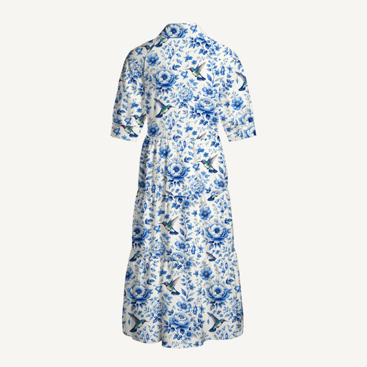 V Neck Collared Delft Blue Hummingbird and Floral Pattern Print Casual Midi Dress With Pockets
