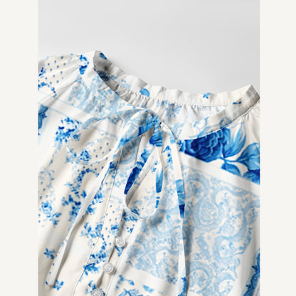 Delft Blue Floral Patchwork Print Boho Tie‑Neck Smock Mini Dress
