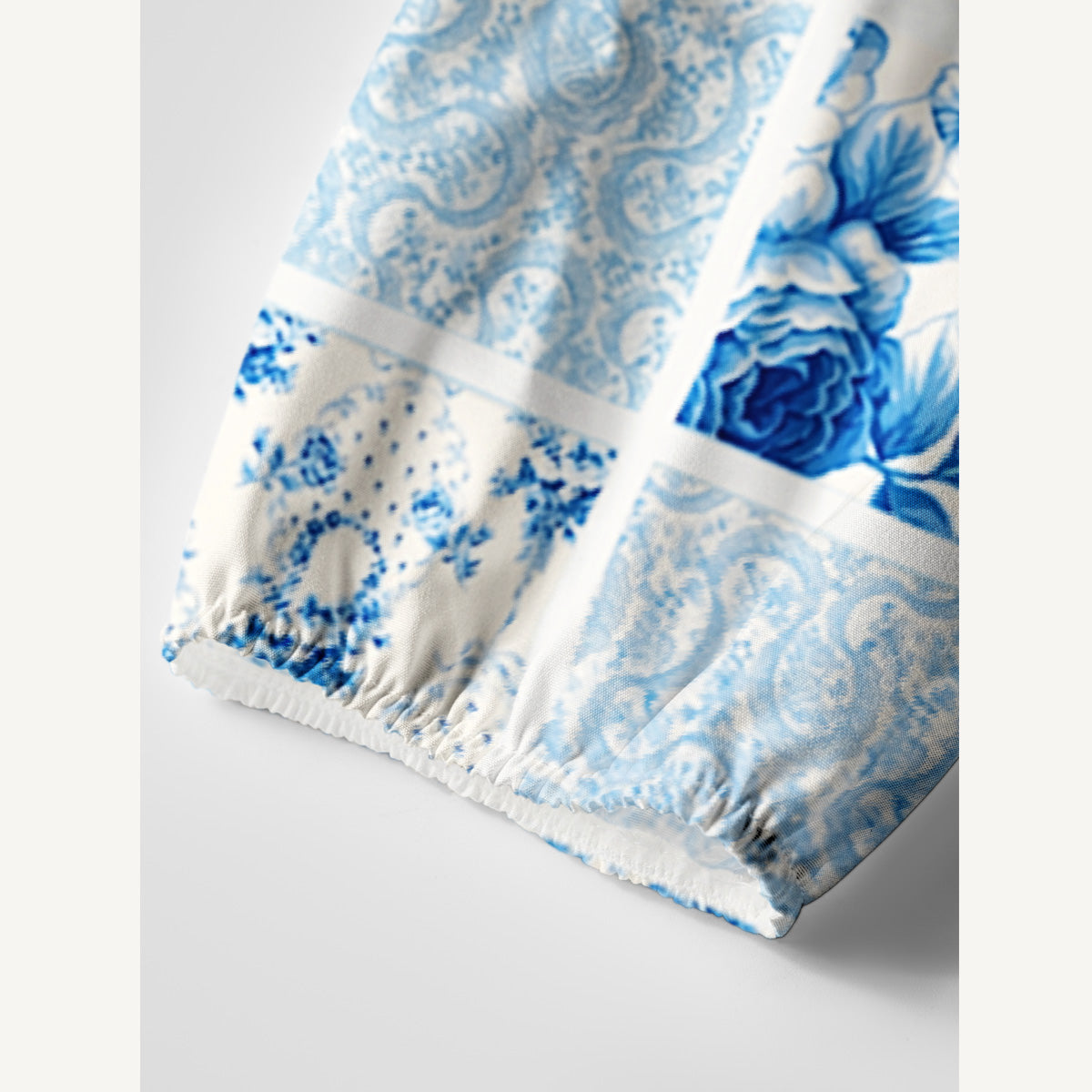 Delft Blue Floral Patchwork Print Boho Tie‑Neck Smock Mini Dress