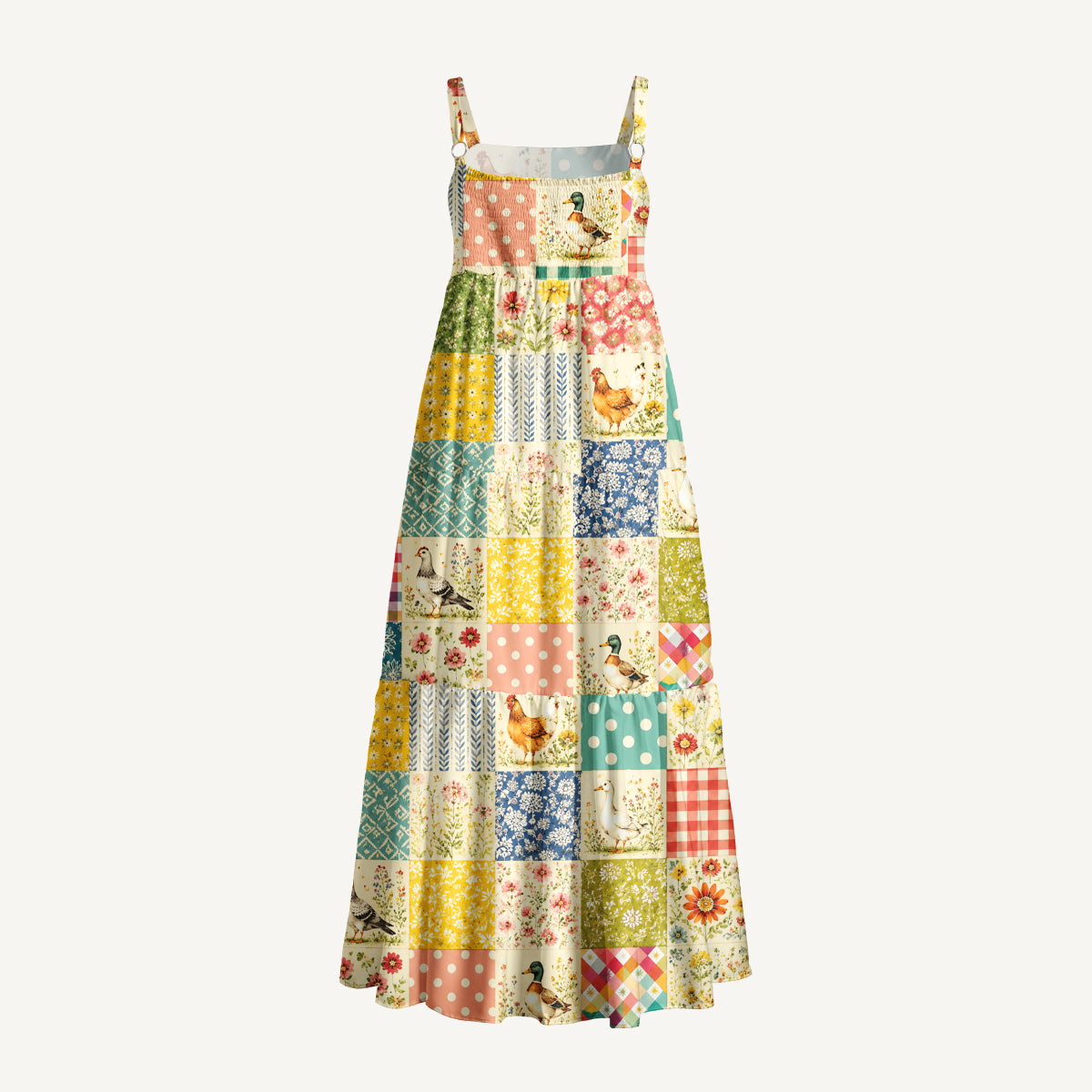 Country Patchwork Garden Print Wide Straps Maxi Dress With Pockets