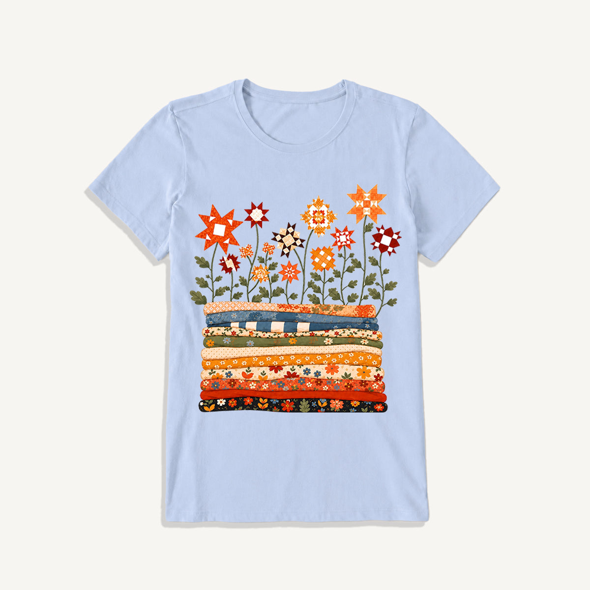 Patchwork Star Quilt Garden Print Crew Neck Cotton Tee