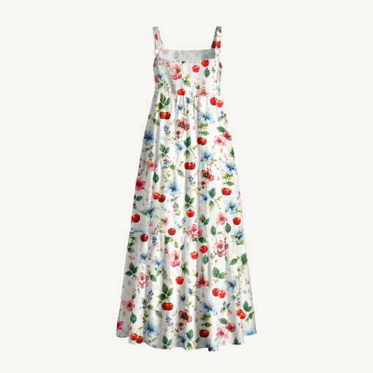 Cherry & Floral Print Wide Straps Maxi Dress With Pockets