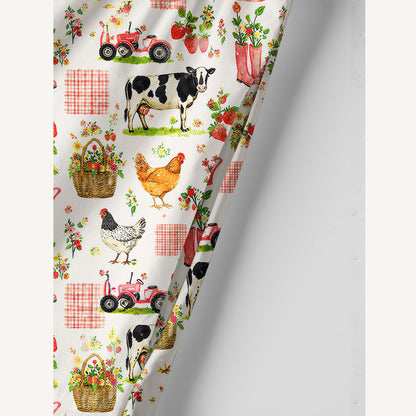 Watercolor Pink Farm Chicken Cow Print Cotton Wide Straps Maxi Dress With Pockets