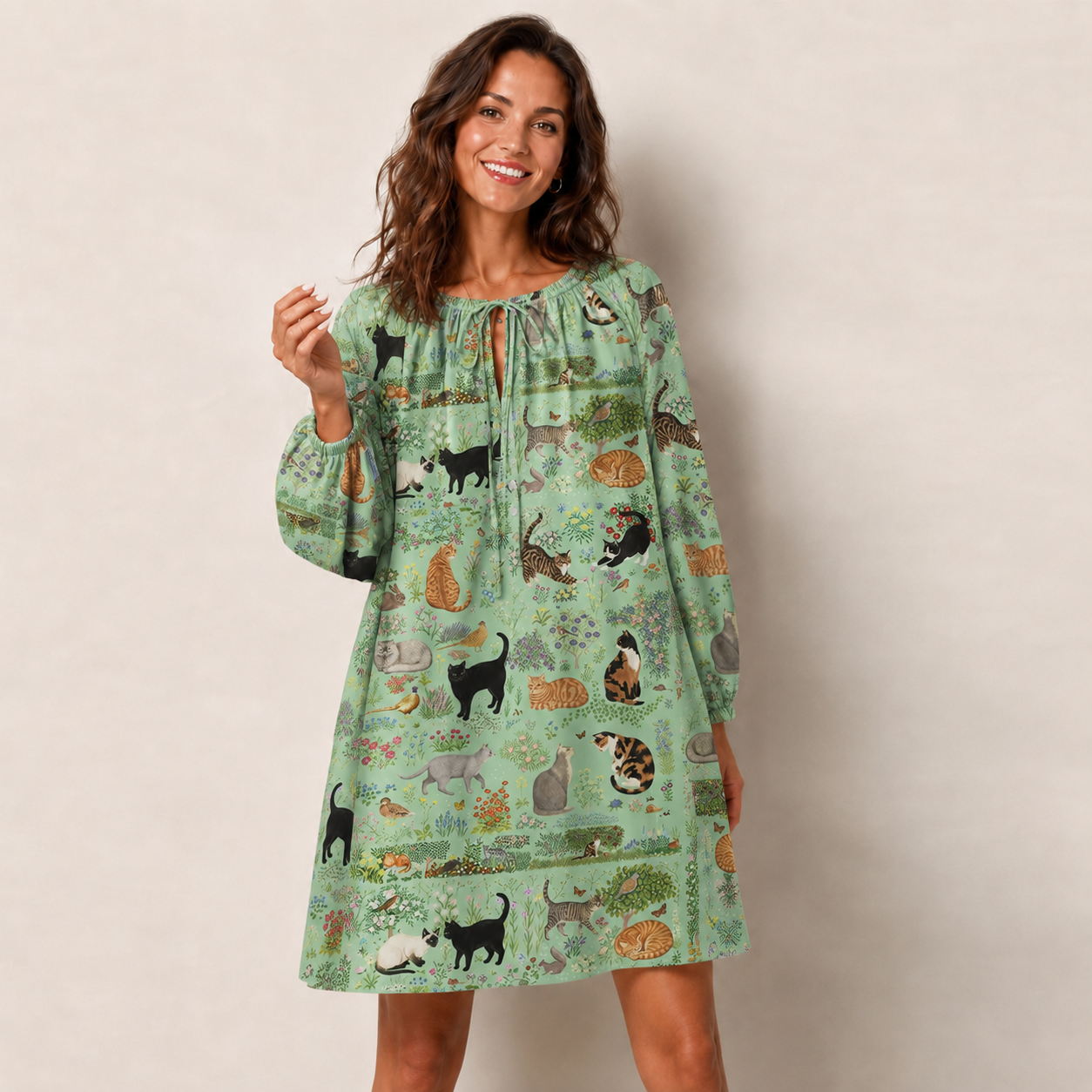 Botanical Cat Garden Print Boho Tie‑Neck Smock Mini Dress
