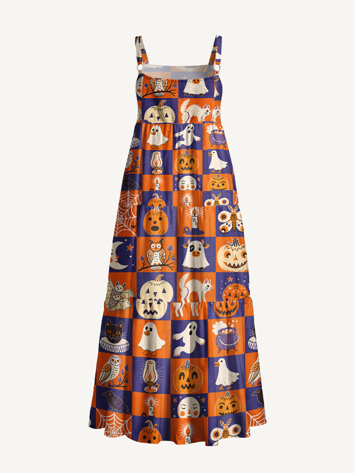 Vintage Halloween Patchwork Print Wide Straps Maxi Dress With Pockets